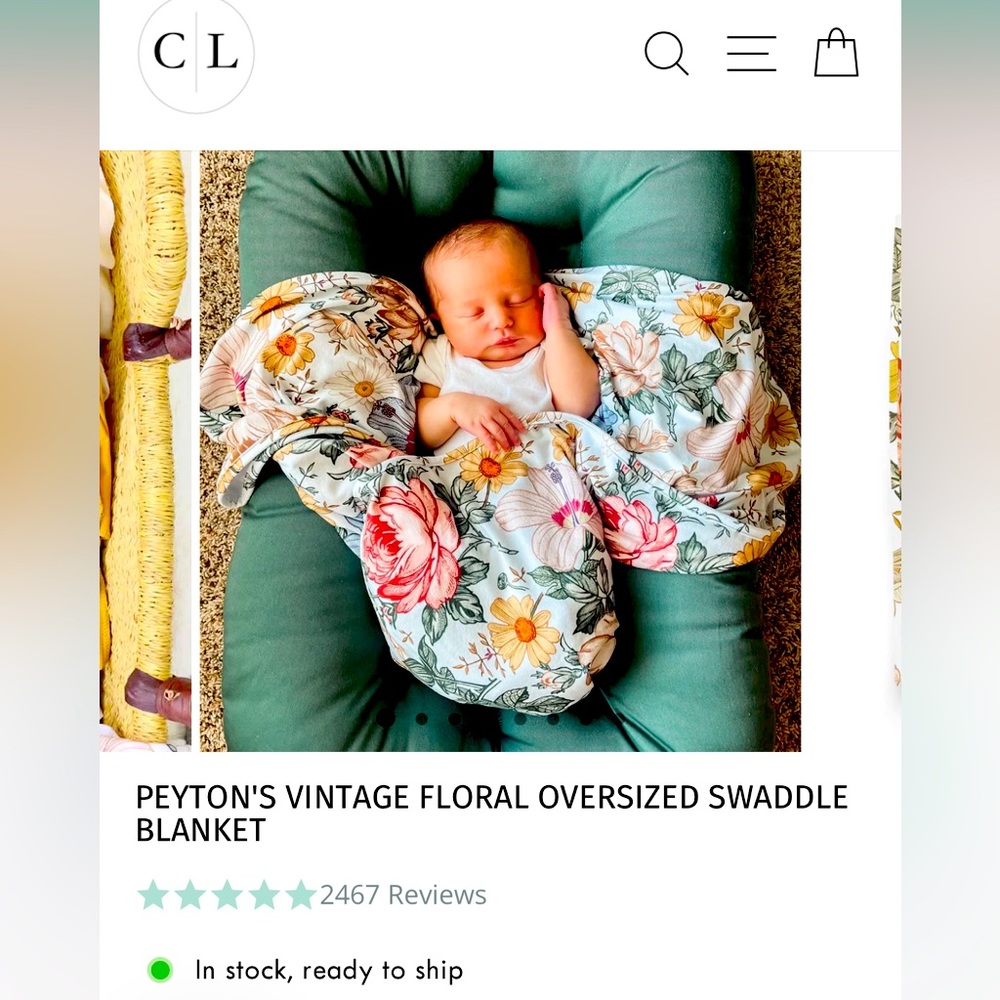 Caden Lane Peyton’s Vintage Floral swaddle blanket, knotted gown and bow